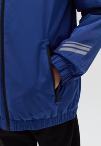 Leichte blaue Jacke mit elastischen Bündchen und Saum. Verfügt über eine mit Reißverschluss verschlossene Tasche und drei hellgraue Streifen am Ärmel.