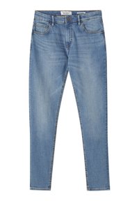 Svetle modré džíny skinny s hladkou texturou, pětikapsovým designem a zapínáním na knoflík v pase.