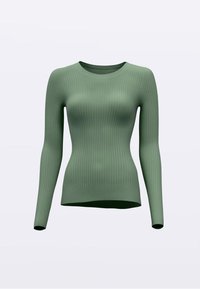Zöld bordás mintázatú hosszú ujjú pulóver, kerek nyakkivágással és testhez simuló szabással, sima textúrával és rugalmas anyagból.