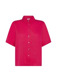 Camicia fucsia a maniche corte con bottoni e colletto, realizzata in un tessuto leggero, con un logo discreto sul petto.
