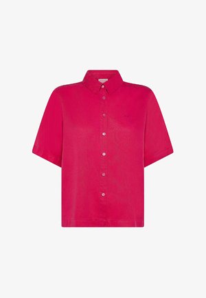 Camicia fucsia a maniche corte con bottoni e colletto, realizzata in un tessuto leggero, con un logo discreto sul petto.