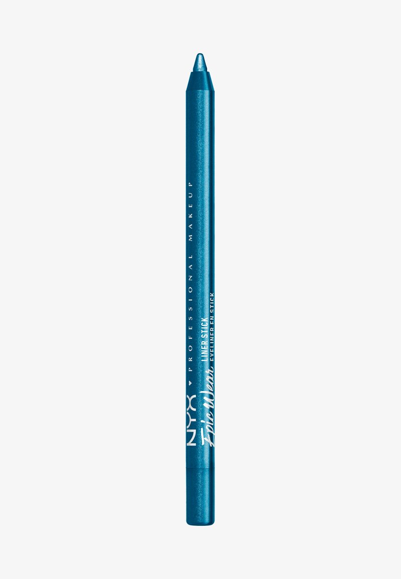 Matita eyeliner blu con una finitura metallica, forma cilindrica e punta sottile. Presenta il marchio in testo bianco lungo il lato.