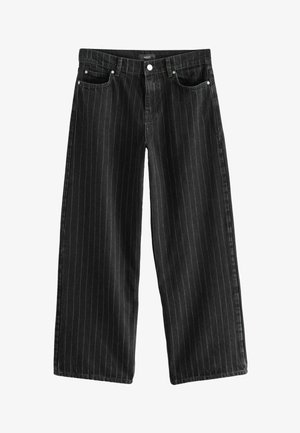 Wide-leg black denim jeans with vertical pinstripes, five pockets, and sturdy metal hardware. Soft texture with a regular waistband.