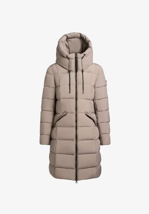 Beige Steppjacke mit hohem Kragen, ausgestattet mit einem Frontreißverschluss, seitlichen Taschen und horizontalem Steppmuster. Glatte Textur.