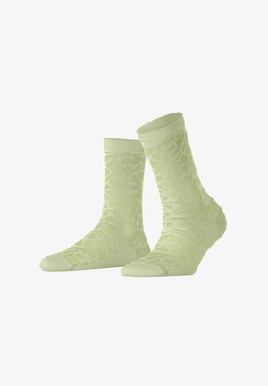 Light green socks with a textured floral pattern, ribbed cuffs, and a smooth finish. Made from a soft, stretchy material.