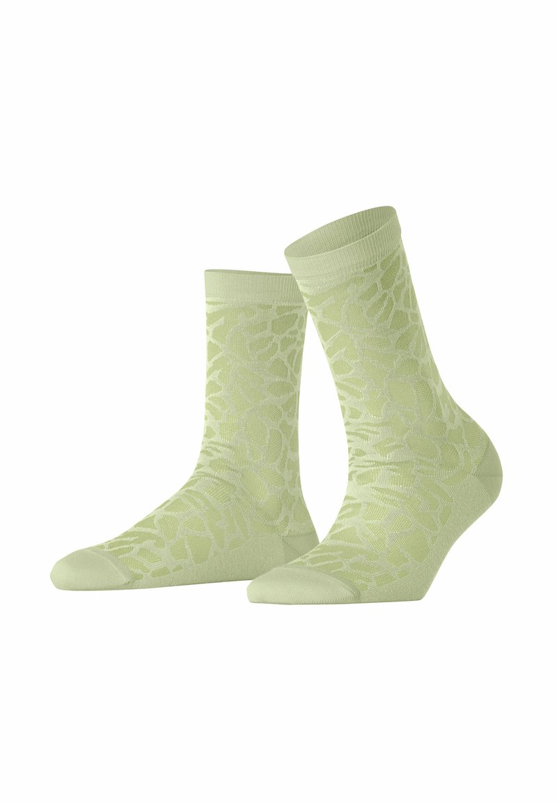 Chaussettes vert clair avec un motif floral texturé, des bords côtelés et une finition lisse. Fabriquées en un matériau doux et extensible.
