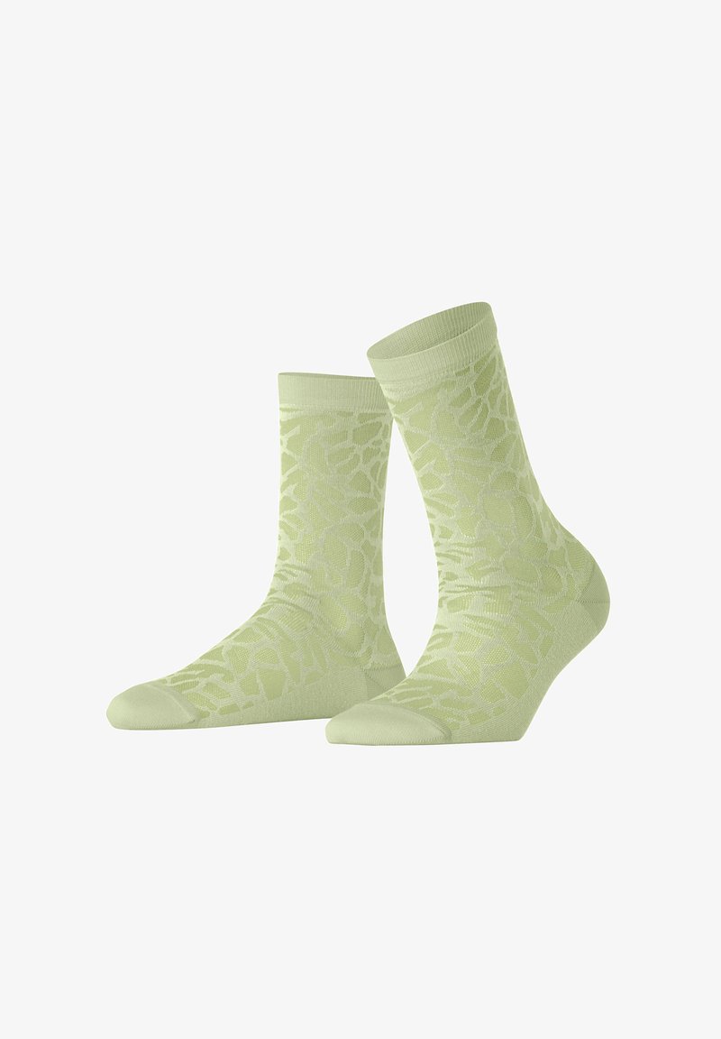 Hellgrüne Socken mit einem strukturierten Blumenmuster, gerippten Bündchen und einer glatten Oberfläche. Hergestellt aus einem weichen, dehnbaren Material.