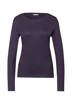 Camiseta de mujer de manga larga en color púrpura oscuro liso, con cuello redondo, corte ajustado y sin estampados ni adornos.