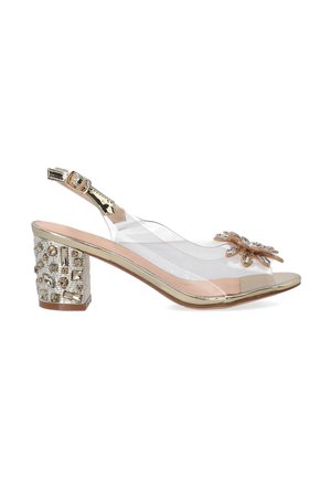 Clear heeled sandals with a floral embellishment, gold accents, and a textured block heel. The design features a slingback strap.