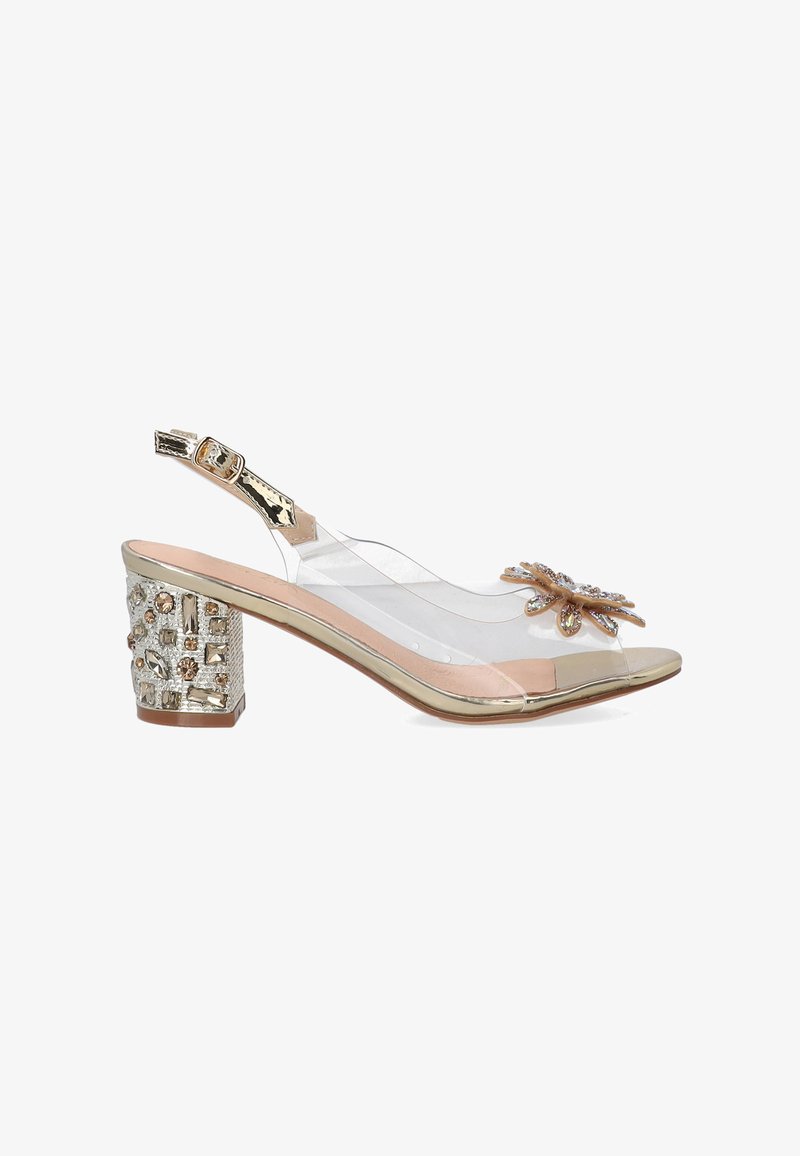Gennemsigtige hæle sandaler med blomsterdekoration, gyldne accenter og en struktureret blokhæl. Designet har en slingback strop.