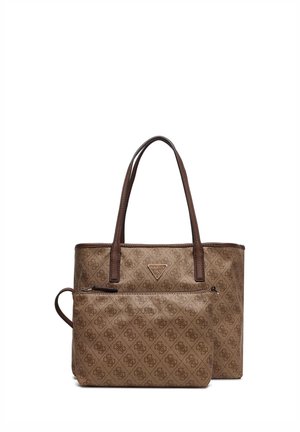 Sac cabas marron à motif Guess avec double poignée et pochette zippée assortie affichant le logo de la marque sur les deux.