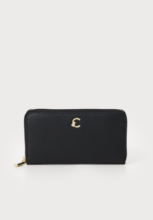 Black leather wallet with a textured surface, gold hardware, and a gold logo. Features a zip closure along the top edge.