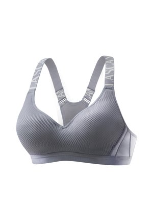Light gray sports bra with textured fabric, adjustable elastic straps, and a racerback design against white background.