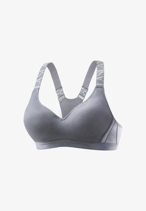 Hellgrauer Sport-BH mit strukturiertem Stoff, verstellbaren elastischen Trägern und Racerback-Design vor weißem Hintergrund.