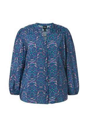 Blauw gebloemd blouse met een gegatherde halslijn, knoopsluiting aan de voorkant en lange, puffed mouwen. Bevat een mozaïekdesign met roze en groene accenten.