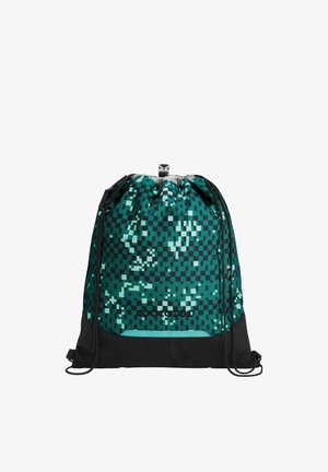Kordelzug-Rucksack mit pixelartigem Muster in Blaugrün und Schwarz, schwarzem Boden und schwarzem "coocazoo"-Logo in der Mitte vorne.