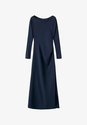 Mørkeblå langærmet kjole lavet af glat stof med en bred halsudskæring og en sidesprække for nem bevægelighed. Enkel og elegant design.