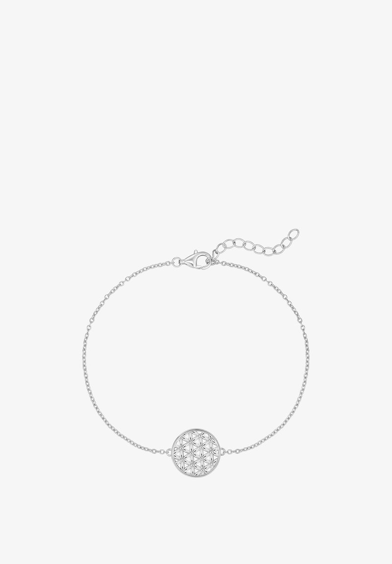 Silverarmband med en delikat kedja och en cirkulär hänge med ett blommigt geometriskt mönster. Inkluderar en kräftklämma och justerbar kedja.