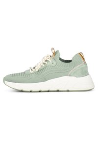 Green knitted sneaker with white sole, textured upper, light green accents, gold hardware on the back, and white laces.