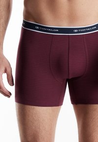 Bordeaux kleurige boxershorts met een horizontaal streepjespatroon. De elastische tailleband heeft een marineblauw logo en witte accenten. Zachte stoftextuur.