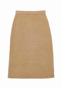 Jupe crayon en tricot de couleur beige avec une taille côtelée et un ourlet en bas. Design simple et tissu texturé.