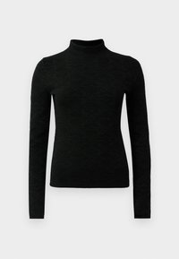 Black turtleneck sweater with long sleeves, featuring a textured pattern and a fitted design. Made from a soft, stretchy material.
