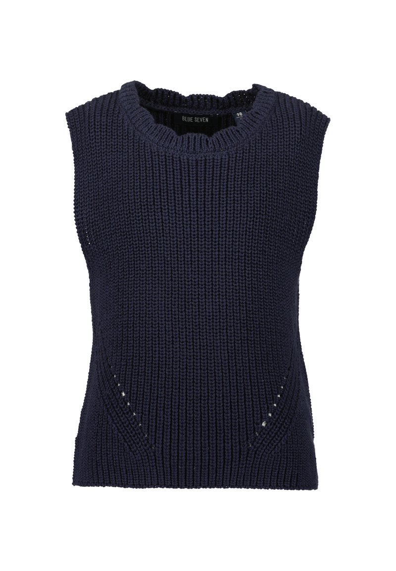 Námořnický pletený bezramínkový top s kulatým výstřihem, žebrovanou strukturou a výřezovými detaily po stranách. Označeno etiketou "Blue Seven".