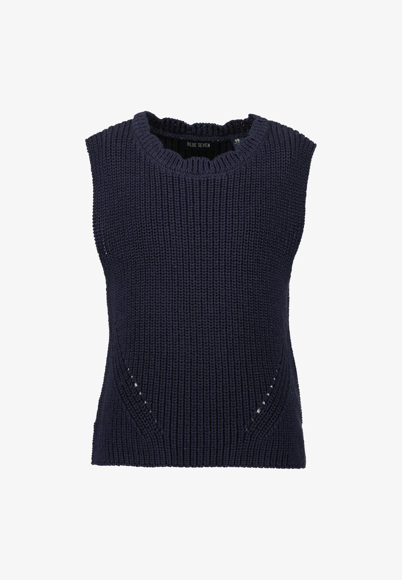 Námořnický pletený bezramínkový top s kulatým výstřihem, žebrovanou strukturou a výřezovými detaily po stranách. Označeno etiketou "Blue Seven".