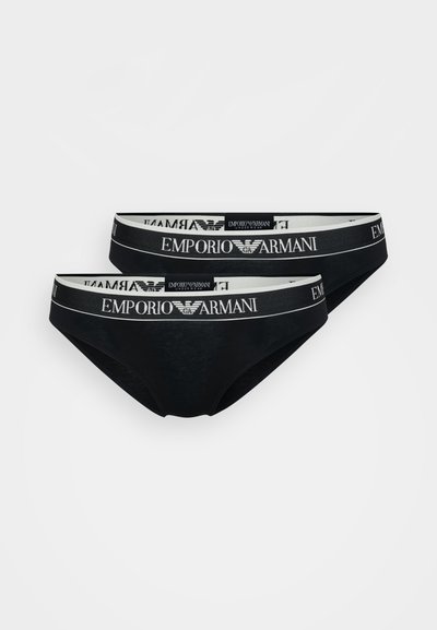 Black cotton briefs featuring a white elastic waistband with "Emporio Armani" logo. Includes two pieces. Smooth texture, classic cut.