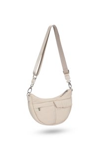 Borsa a spalla in nylon beige con forma curvata, tasca frontale e tracolla removibile. Presenta dettagli in metallo argentato e una texture morbida.