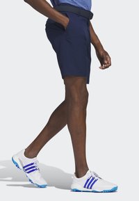 Tamsiai mėlyni šortai su šoninėmis kišenėmis, derinami su baltais sportiniais bateliais, pasižyminčiais mėlynais ir purpuriniais akcentais, tekstūruotomis padais ir juodu diržu.