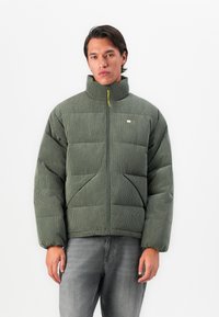 Young man wearing a green ribbed puffer jacket with a high collar and front zipper, paired with gray jeans, standing against a white background.
