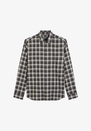 Koszula zapinana na guziki, z wzorem w kratę w odcieniach czerni, bieli i stonowanej zieleni. Wykonana z tkaniny różniczkowej, z standardowym kołnierzykiem i długimi rękawami.