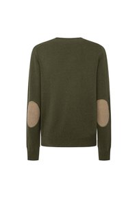 Olive green sweater with long sleeves, round neckline, and tan elbow patches; smooth texture and fitted silhouette.