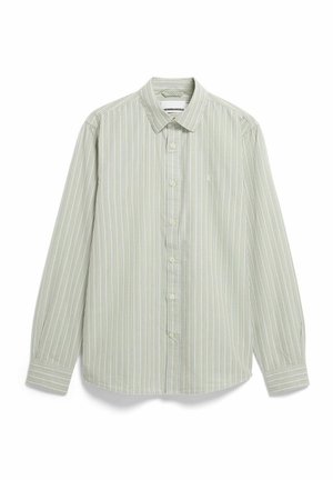 Gestreiftes Langarmshirt in Hellgrün und Weiß. Verfügt über einen Button-Down-Kragen, Frontknöpfe und ein kleines Logo auf der Brusttasche.