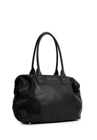 Zwarte leren totebag met ronde vorm, dubbele handvatten en een textured paneel aan de voorkant. Bevat een zijvak en een gladde afwerking.