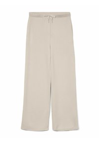 Pantaloni larghi di un beige chiaro realizzati in tessuto morbido, dotati di vita elastica con cordoncino, texture liscia e linee pulite.