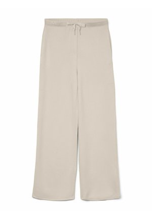 Pantalons larges de couleur beige clair fabriqués dans un tissu doux, dotés d'une taille élastique avec cordon de serrage, d'une texture lisse et de lignes épurées.