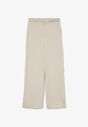 Light beige wide-leg trousers made from soft fabric, featuring an elastic waistband with drawstring, smooth texture, and clean lines.