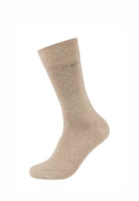 Beige bomullssokk med ribbet mansjett, lett forlenger form, og en glatt tekstur. Har en subtil logo nær toppen.