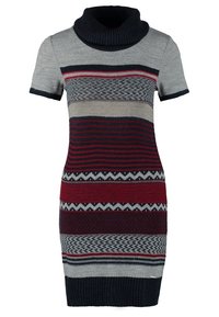 Robe courte à manches courtes en maille avec col roulé, présentant des rayures horizontales en gris, noir, rouge et beige avec des motifs variés.