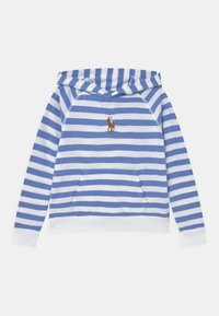 Randig hoodie i blått och vitt, gjord av mjukt tyg. Har en känguruficka och en broderad hästlogotyp på bröstet.