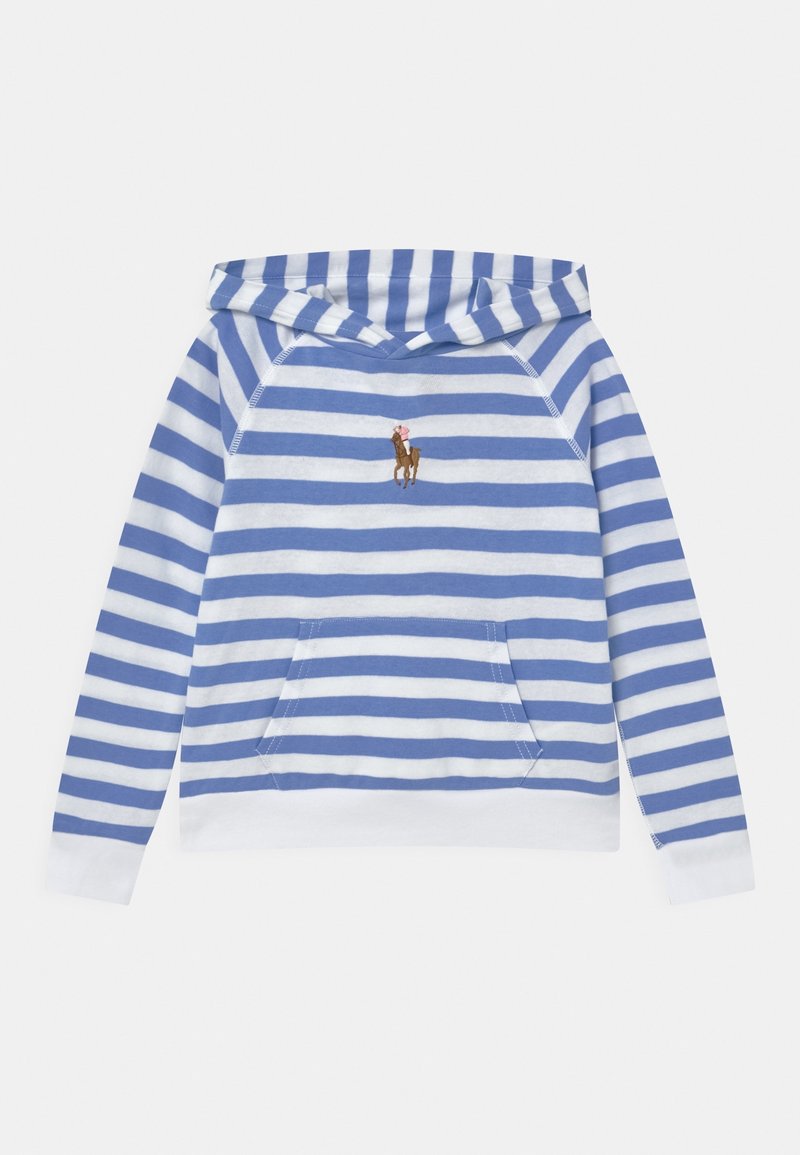 Haut à capuche rayé en bleu et blanc, fabriqué en tissu doux. Il présente une poche kangourou et un logo de cheval brodé sur la poitrine.