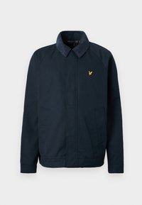 Navy blue jacket with a soft, textured collar, featuring two side pockets and a small gold bird logo on the chest.