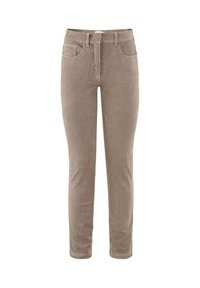 Corduroy broek in een lichte bruine tint, met een rechte fit, vijf zakken en een gestructureerd ribbeloppervlak. Inclusief riemlussen.
