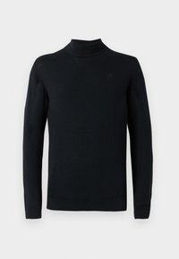 Črn pulover s turtleneck ovratnikom iz pletene tkanine. Ima ozek kroj z dolgimi rokavi, rebrastimi manšetami in diskretno logo na prsih.