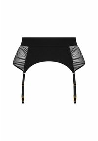 Jarret noir avec des panneaux latéraux en tulle noir transparent, une taille élastique et des accents en métal doré sur les sangles ajustables.