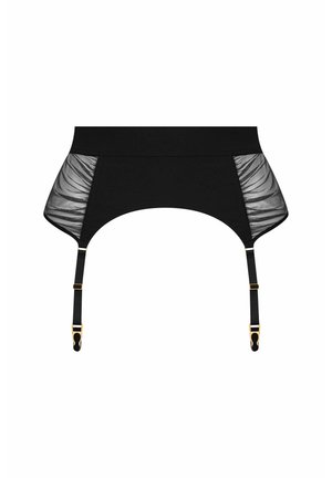 Jarret noir avec des panneaux latéraux en tulle noir transparent, une taille élastique et des accents en métal doré sur les sangles ajustables.