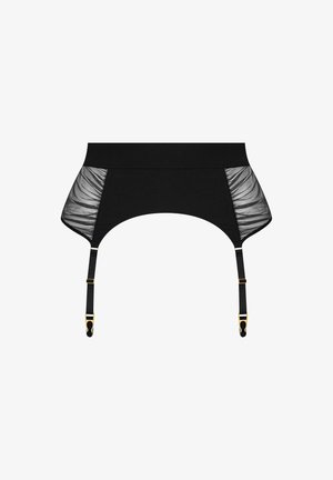 Black garter belt with sheer black mesh side panels, an elastic waistband, and gold hardware accents on adjustable straps.