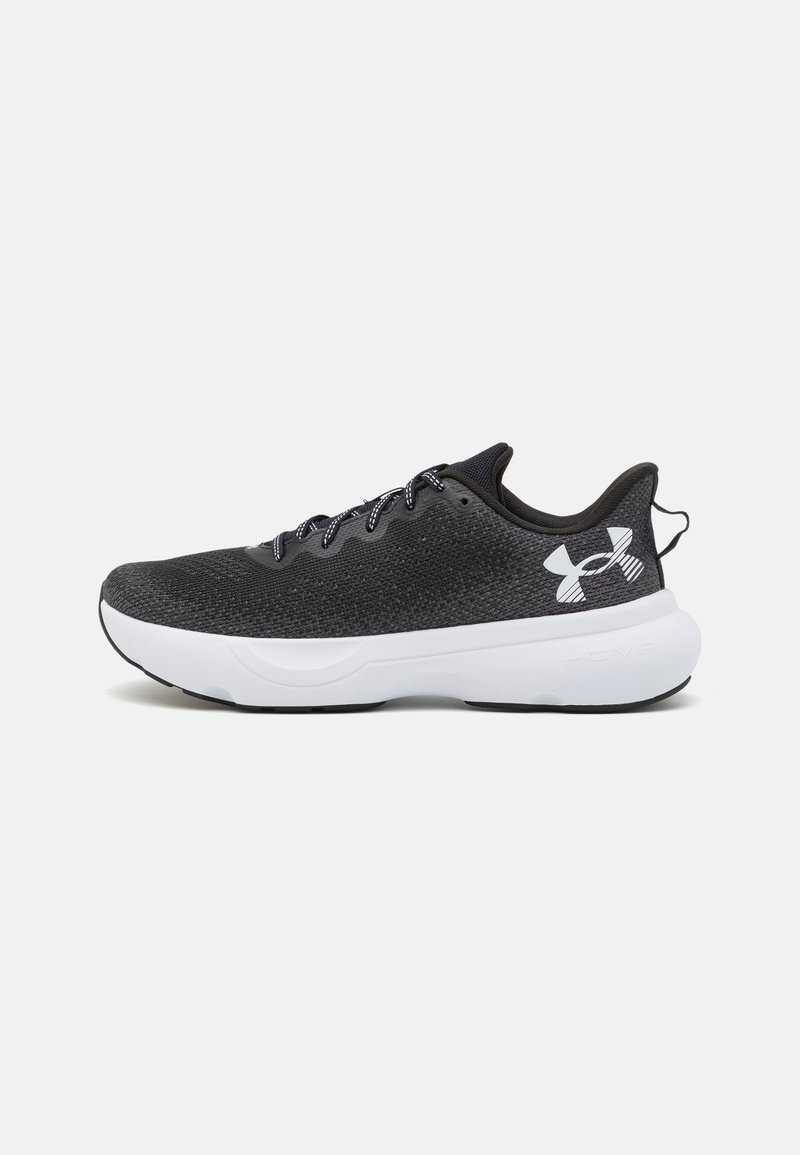 Black athletic shoes with a textured mesh upper, white cushioning sole, and black laces, featuring a prominent white logo on the heel.
